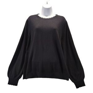 Talbots Womens Sz L Black Sweater Scalloped Neck Long Sleeve Cotton Wool Blend